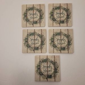 Ceramic Drink Coasters "Simply Blessed" Cork‎ Square 4x4 Set Of 5